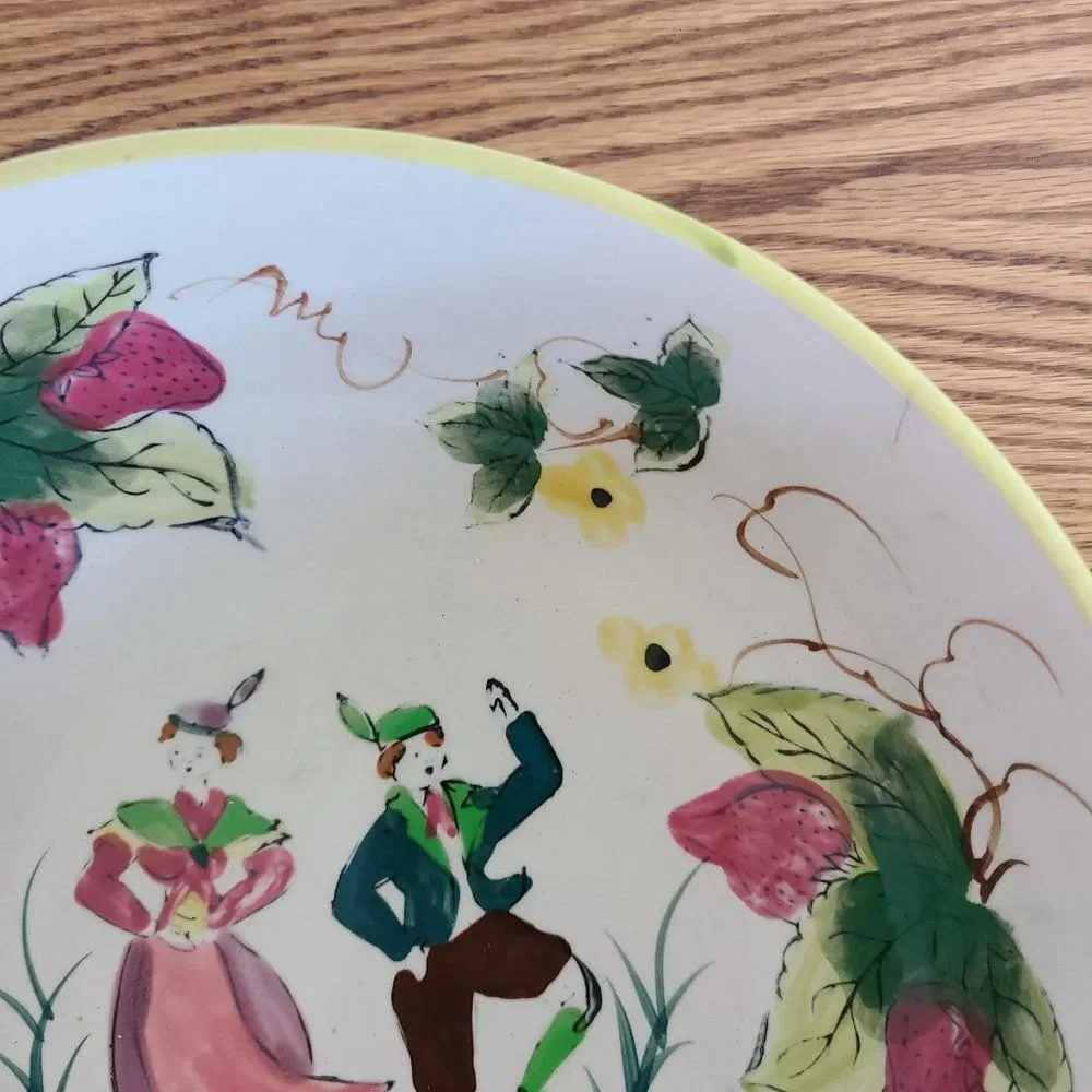 Vintage European Folk Art Handpainted Bowl - Dancing Man and Woman, Strawberries